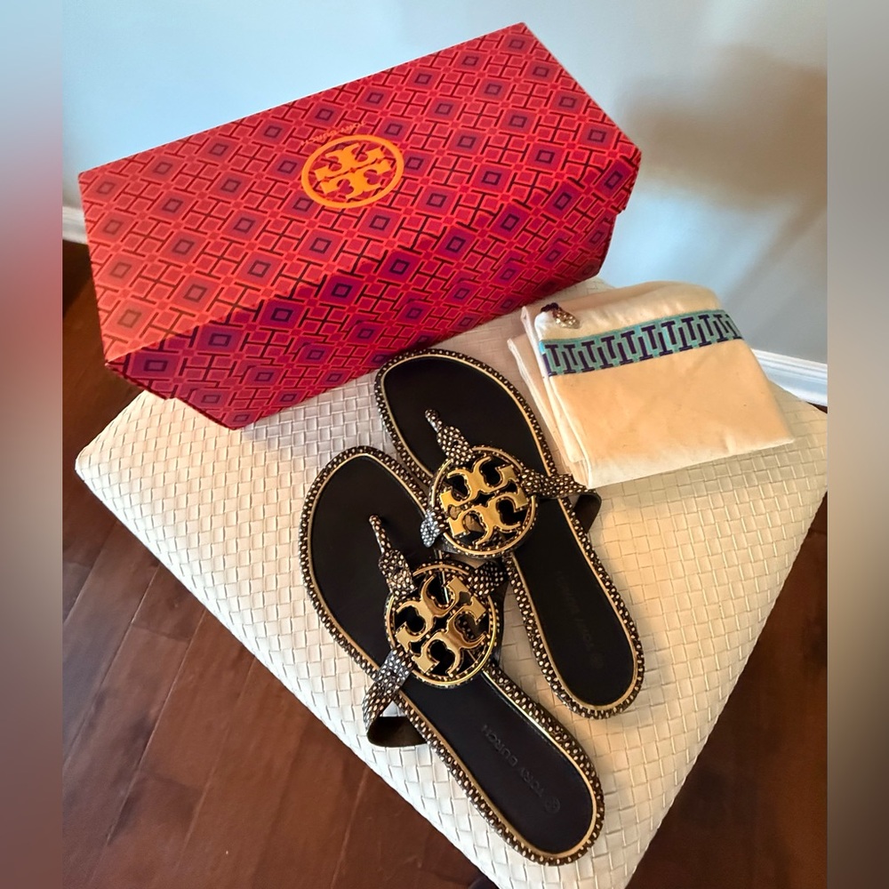 Tory Burch Black and Gold Logo Thong Sandals - Picture 2 of 14